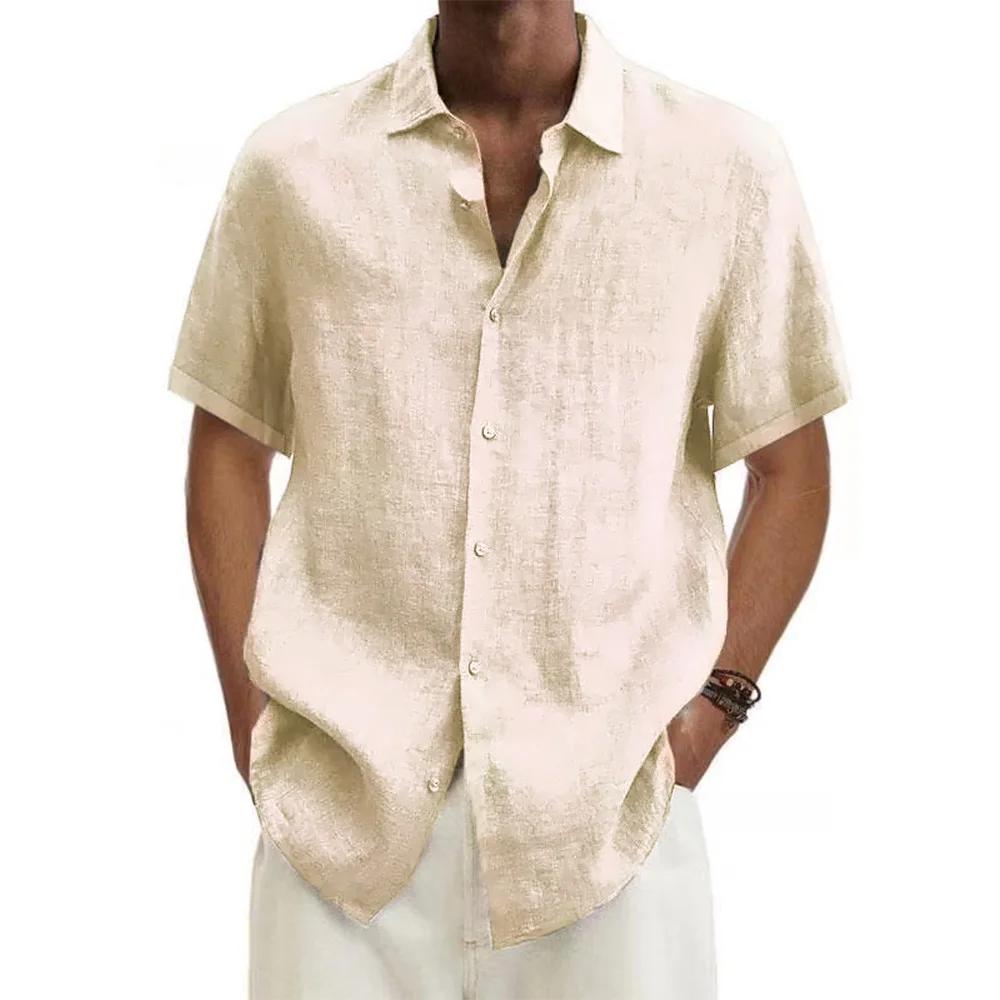 Chemises à manches courtes pour hommes, en coton et lin, couleur unie, col rabattu, décontracté, Sty