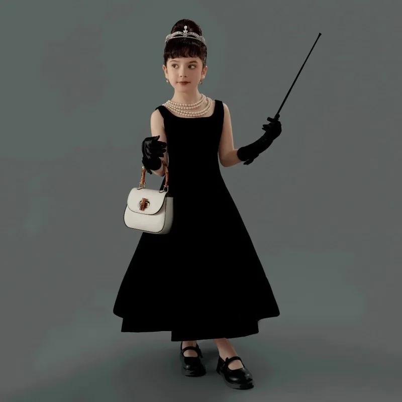 Robe de soirée vintage en velours noir pour filles, idéale pour concours de beauté, défilés de mode,