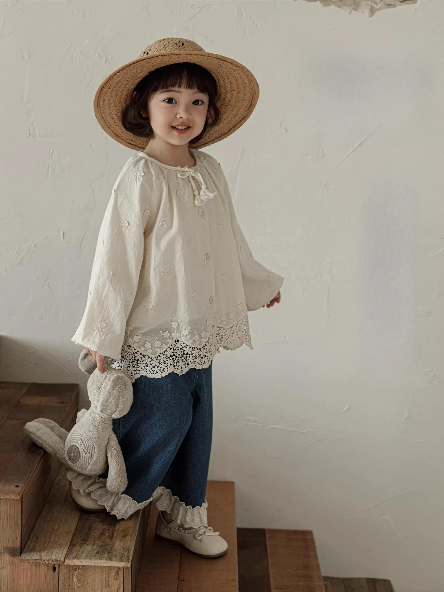 Ensemble de vêtements pour filles printemps 2026 : chemise en coton respirant à manches longues moti