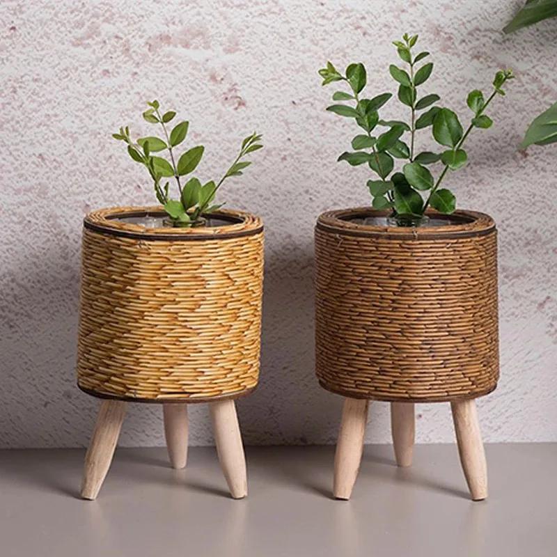 Étagère à fleurs nordique Imitation rotin Pot de fleur tissé panier de fleurs avec pieds amovibles s