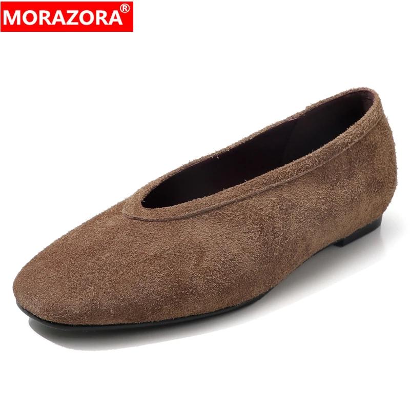 MORAZORA 2026 Nouvelles Chaussures Plates pour Femmes en Daim de Vache, Style Rétro Fait Main, Chaus