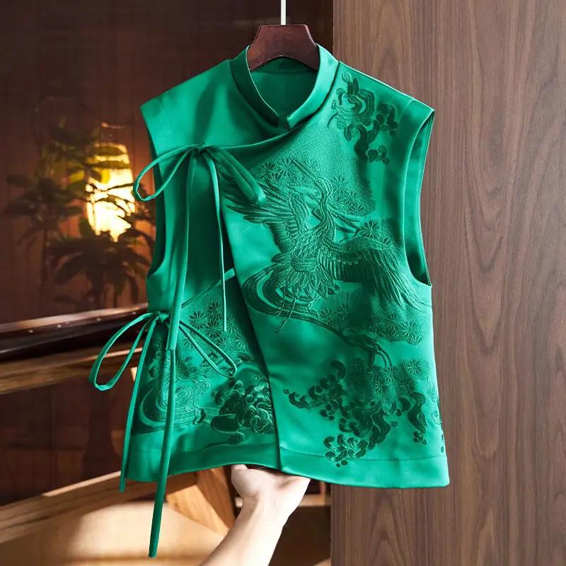 Gilet d'extérieur Vintage de Style chinois, grue blanche/fleurs, gilets à laçage brodés, vêtements é
