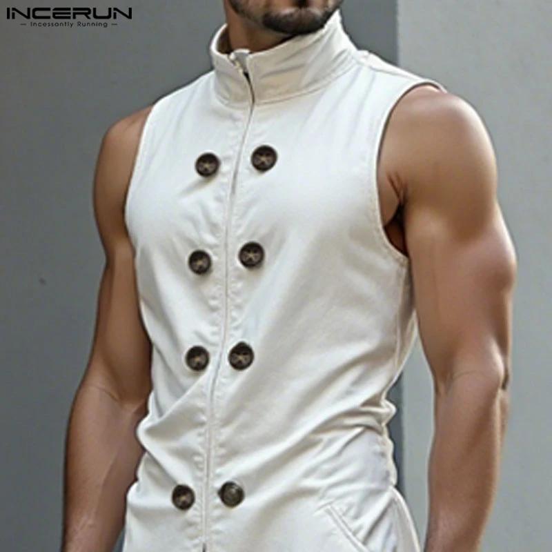 INCERUN hommes longs Style gilets couleur unie Double boutonnage décontracté hommes gilets haute rue