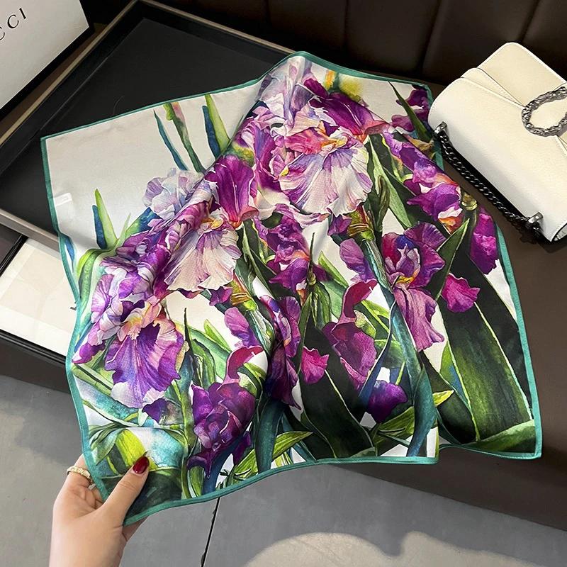 Foulard carré en soie véritable pour femmes, imprimé Floral, châle de luxe, Hijab, bandeau Bandana, 