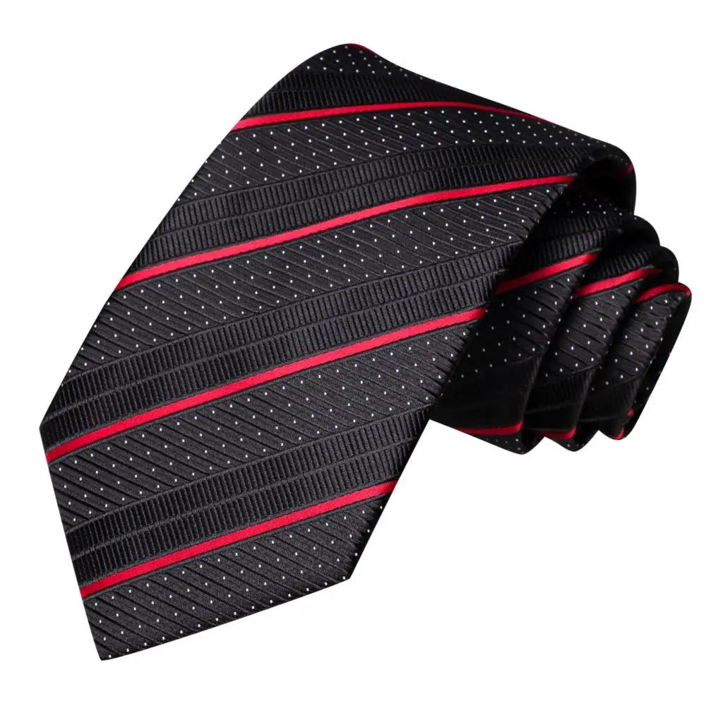 Cravate de mariage rayée noire et rouge pour homme, avec pochette de costume et boutons de manchette