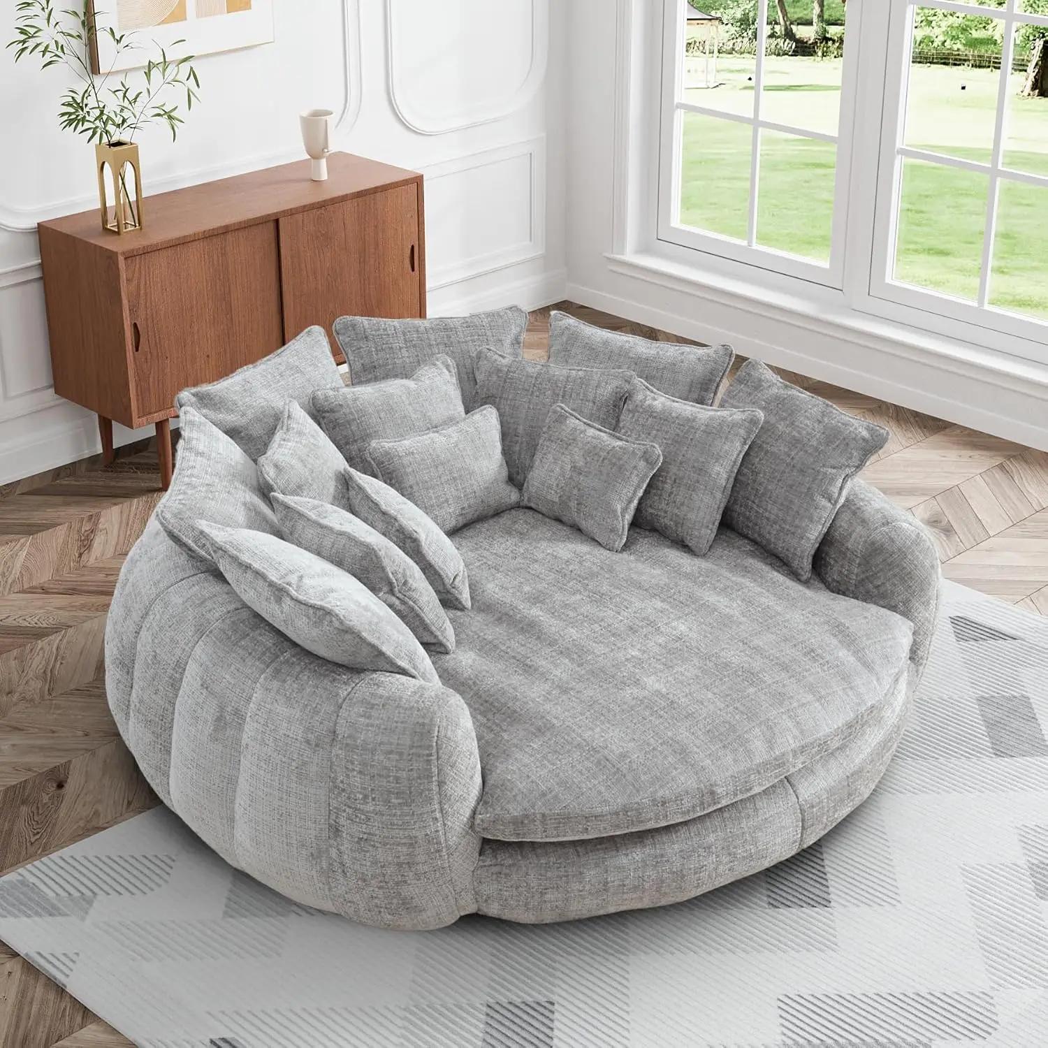 Chaise longue ronde surdimensionnée de 81,1 po de large, canapé pouf moelleux avec 14 coussins, faut
