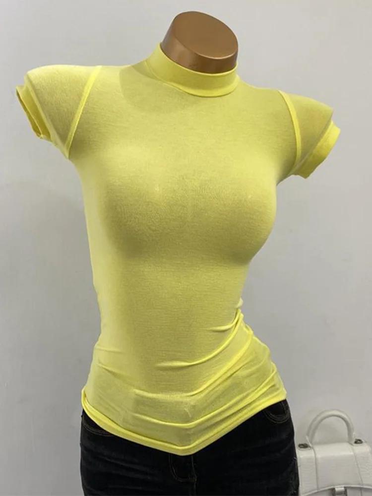 T-shirt col mi-haut coréen Transparent à manches courtes coupe ajustée élastique solide chemise à fo