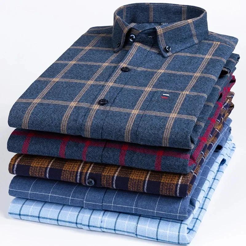 Chemise à carreaux en pur coton pour hommes, manches longues, coupe régulière, décontractée, surdime