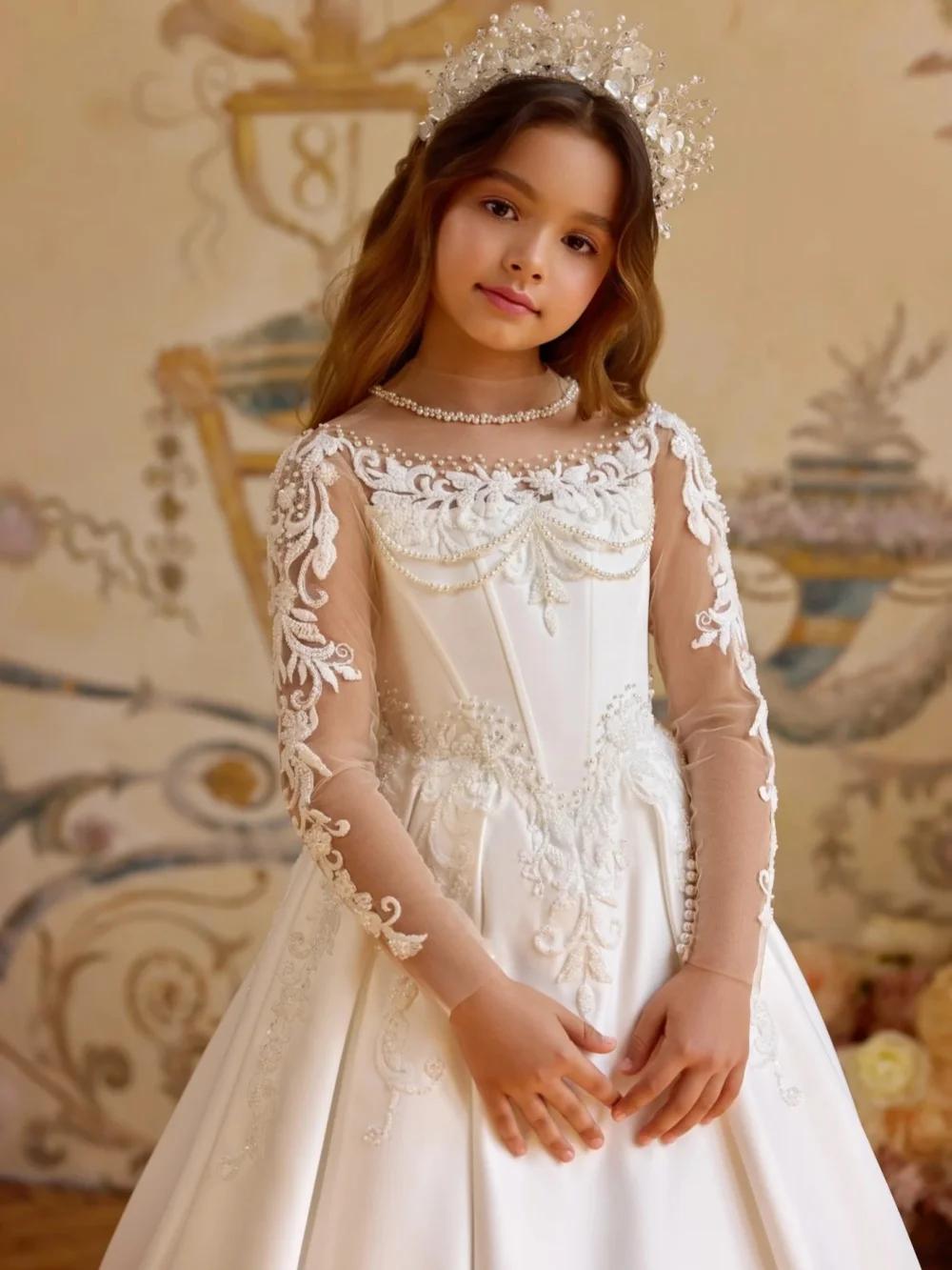 Robe de princesse en Satin blanc pour enfants, robe de bal avec perles brodées, en Tulle, à manches 