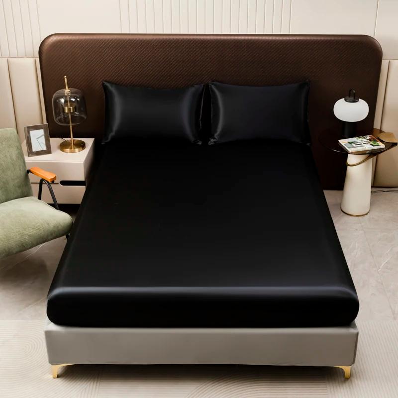 Drap-Juste en Satin Noir de Couleur Unie, Juste de Matelas avec Bande artificiel astique, Taies d'Or