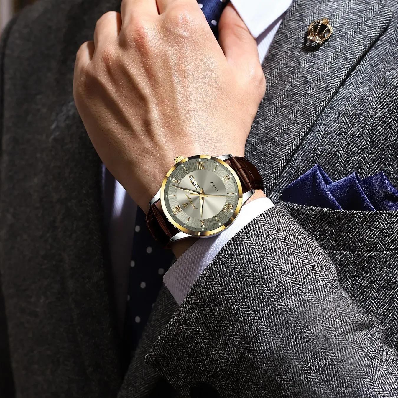 POEDAGAR Original montre de mode pour homme en cuir Date semaine Quartz hommes montre étanche lumine
