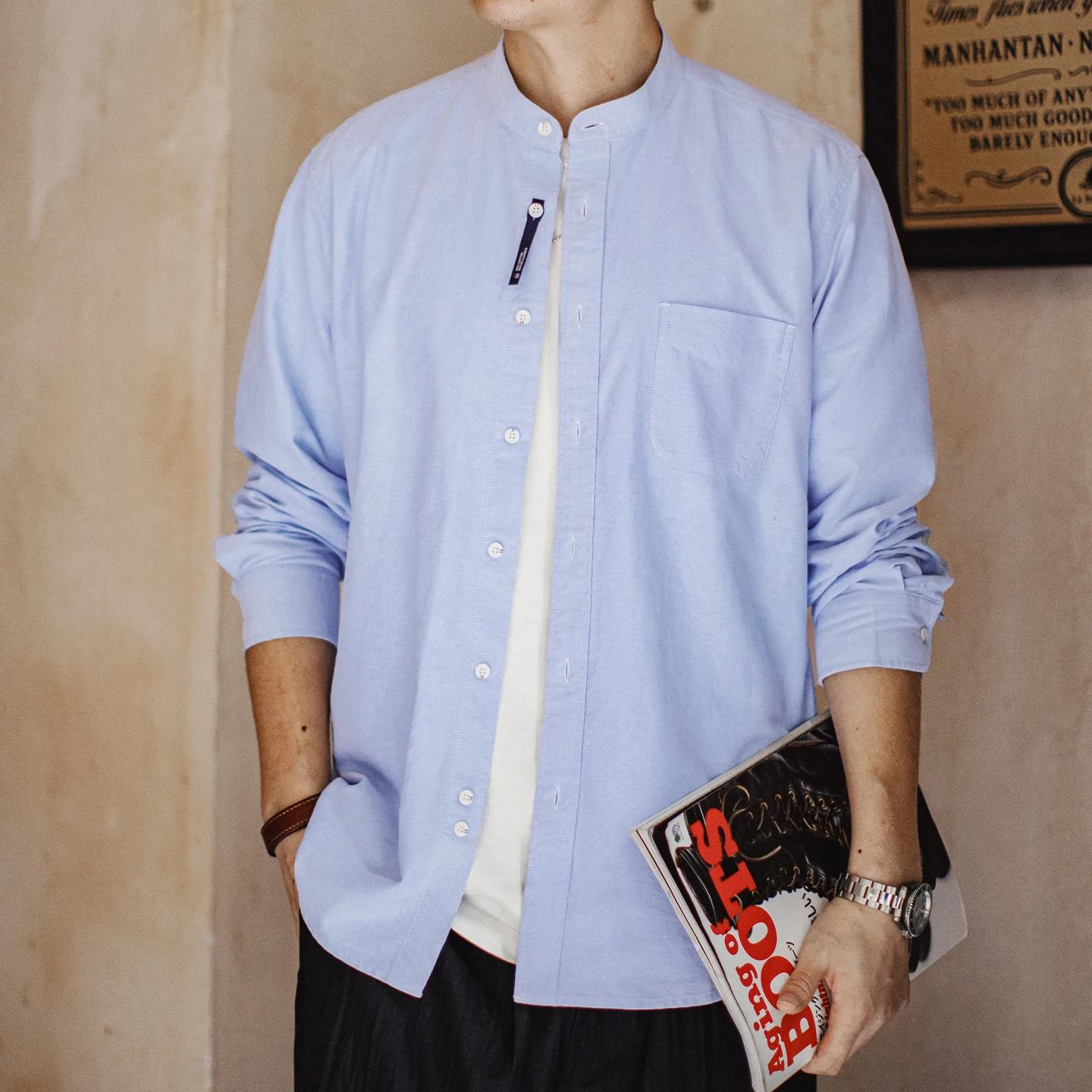 Chemise en coton Oxford à col rond pour homme Maden, manches longues, décontractée, unie, à simple b