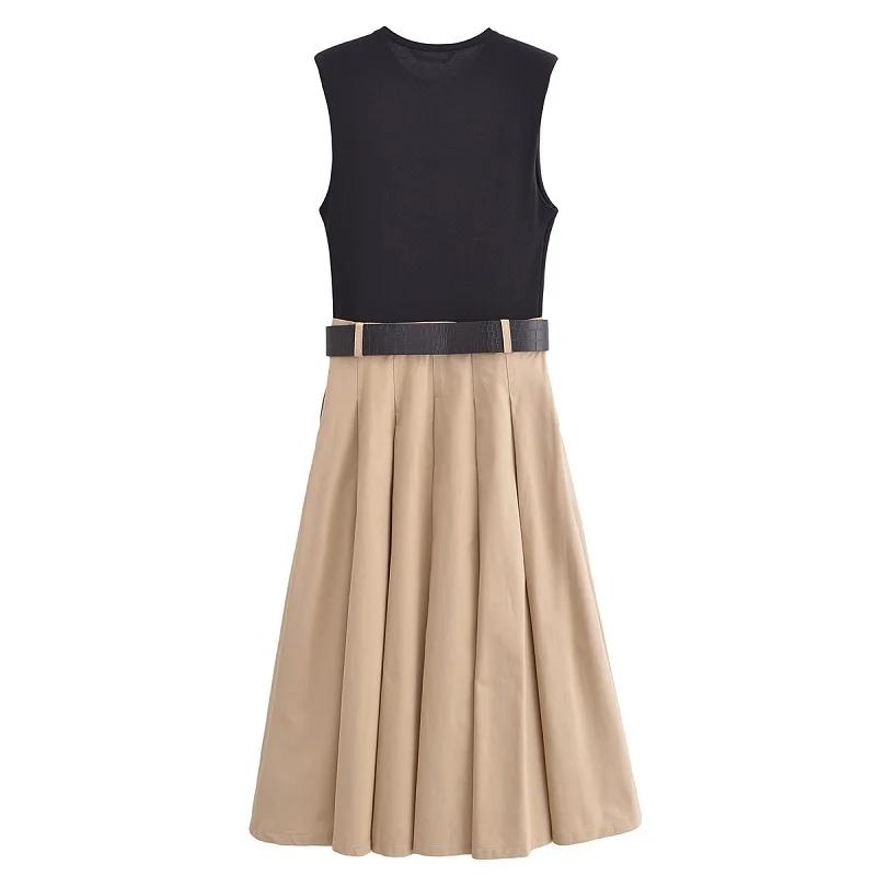MUJER 2025 femme robes ceinture plissée robe mi-longue femmes sans manches robe d'été femme tricoté 