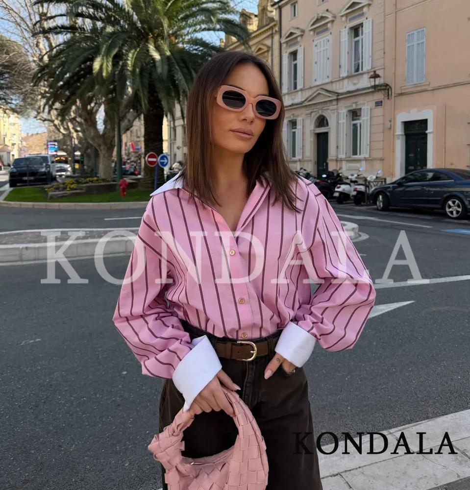 Chemises décontractées à rayures roses KONDALA pour femmes, chemises tendance à boutons et revers po