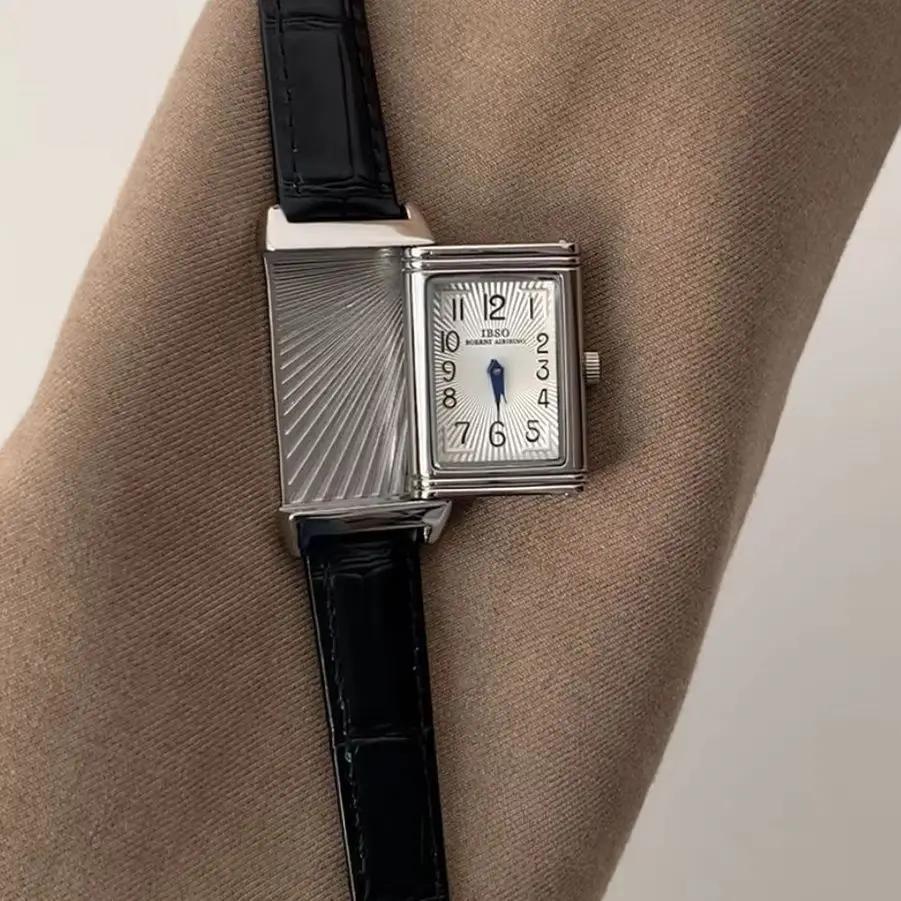 Montre numérique carrée à Quartz en cuir, Design coulissant de tempérament de Niche rétro, exquise e