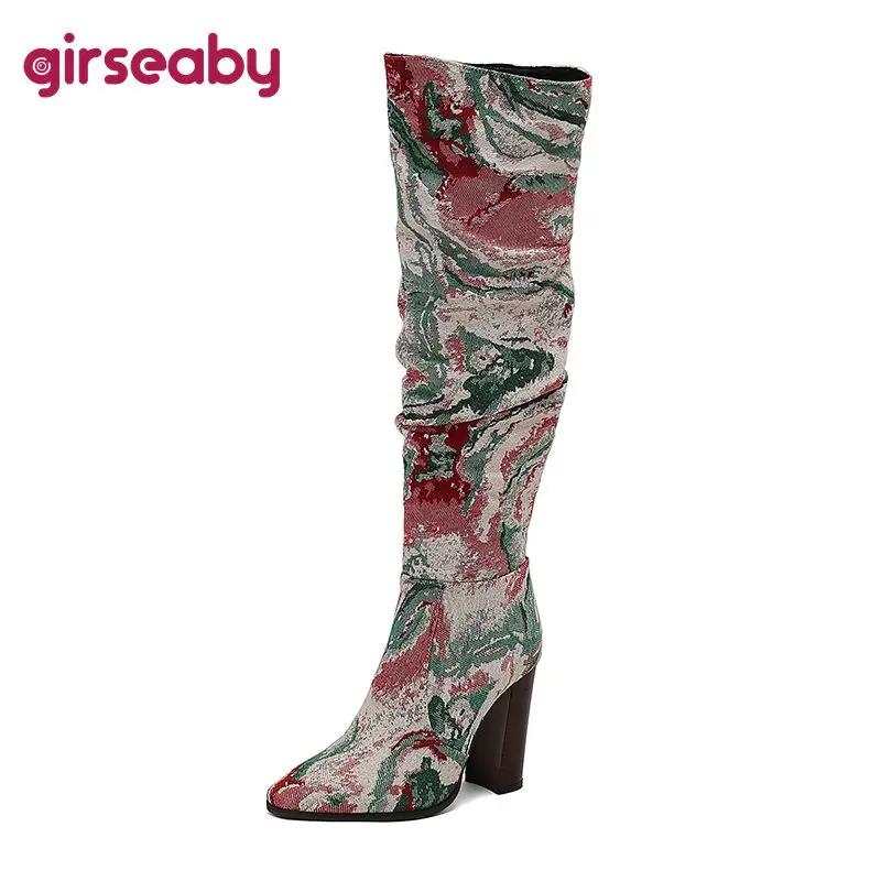 Girseaby femme cuissardes bout carré fermeture éclair plissé bloc talons grande taille 47 48 49 50 d