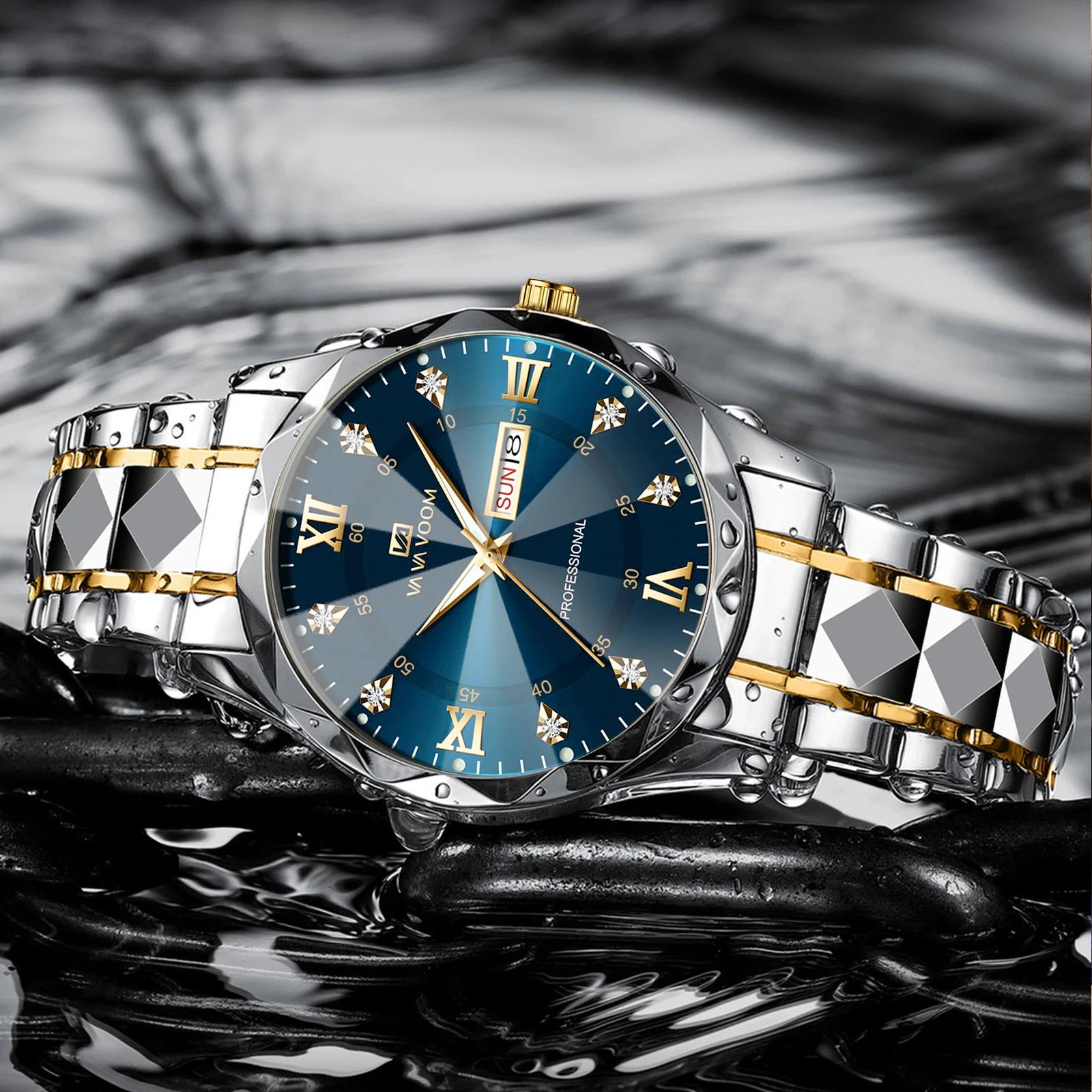 Montre de luxe en acier inoxydable pour homme, diamant, eau, lueur nocturne, double calendrier, mouv