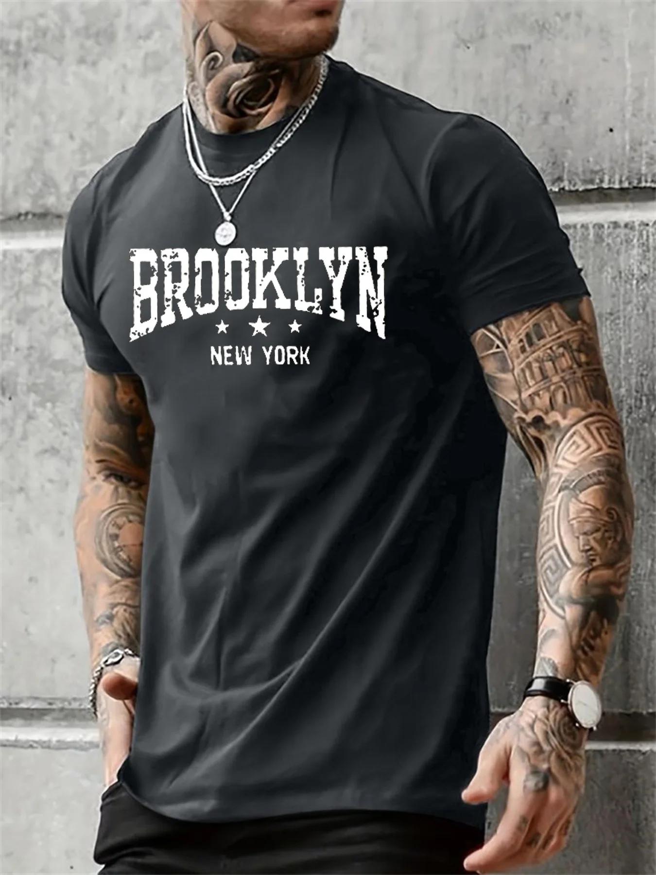 Hommes 100% pur coton été décontracté ample Brooklyn New York lettre imprimé confortable col rond à 