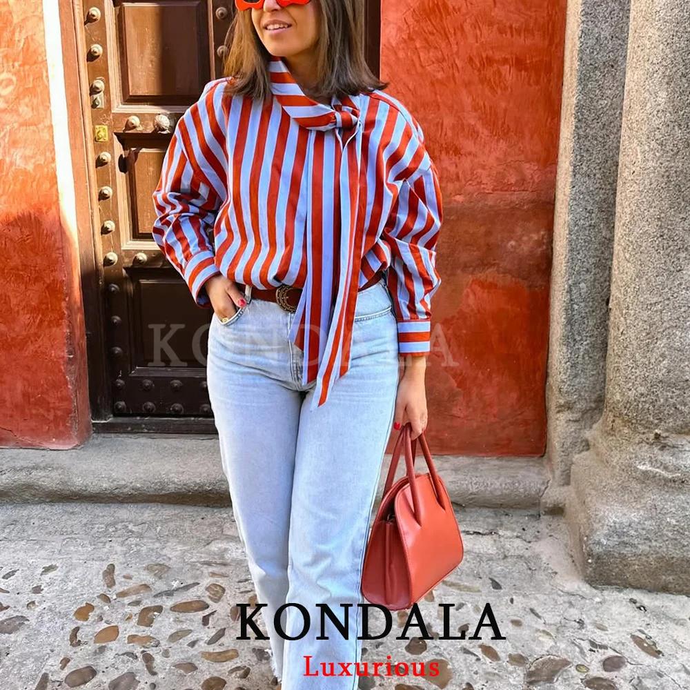 KONDALA Blouse Vintage Femme Rayée Col Rabattu Nœud Manches Longues Boutonnage Simple Mode Printemps