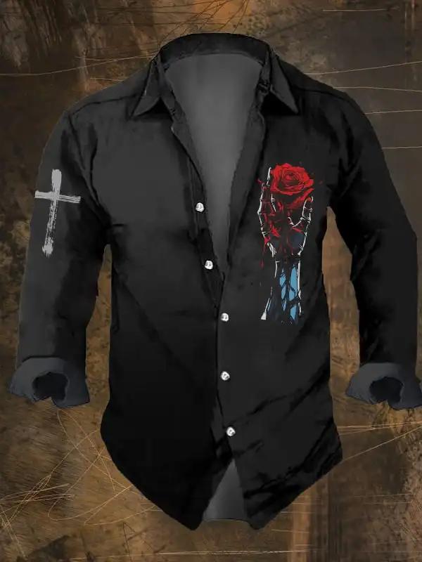 Chemise à manches longues décontractée noire à imprimé de crâne foncé vintage pour hommes d'Hallowee
