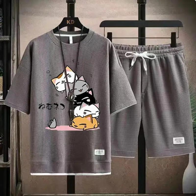 Ensemble gaufré d'été pour hommes, marque à la mode, t-shirt et short décontractés, ensemble de spor