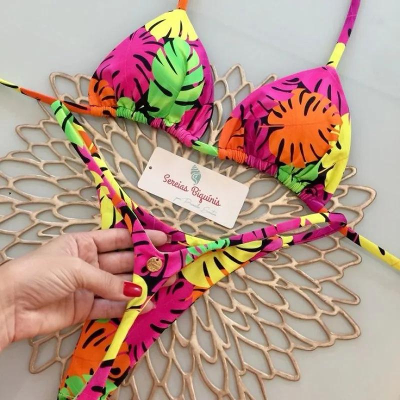 Nouveau Bikini femme maillot de bain imprimé fendu mode string plage vacances