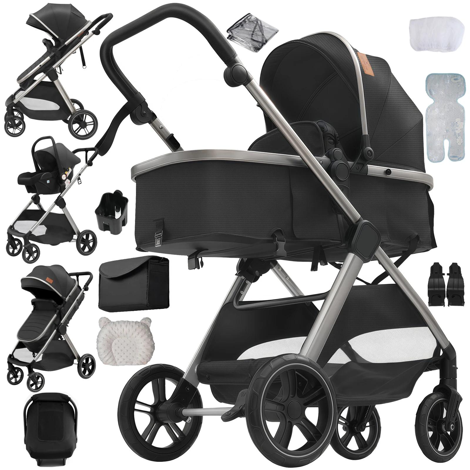 Poussette bébé 3 en 1, landau léger, poussette pliable, système de voyage, poussette multifonctionne