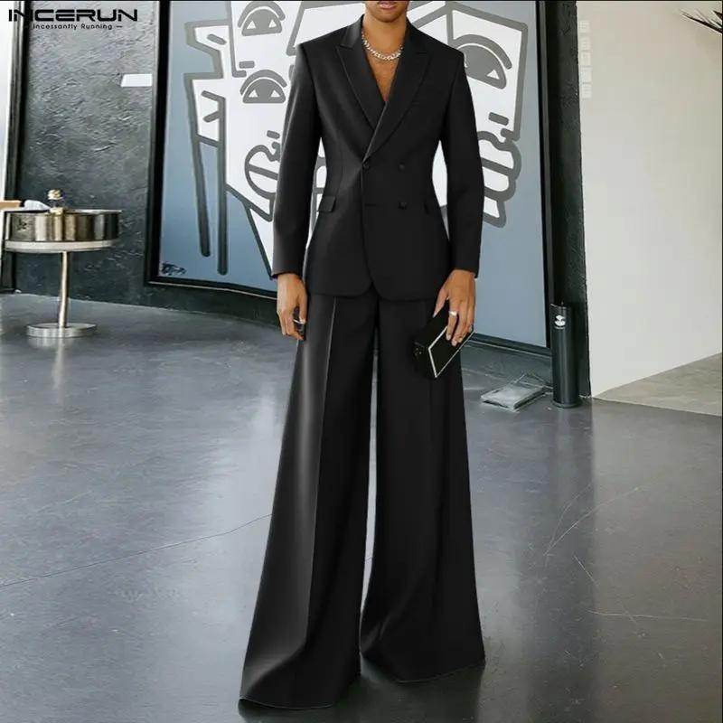 INCERUN hommes ensembles couleur unie Double boutonnage à manches longues Blazer et pantalon deux pi
