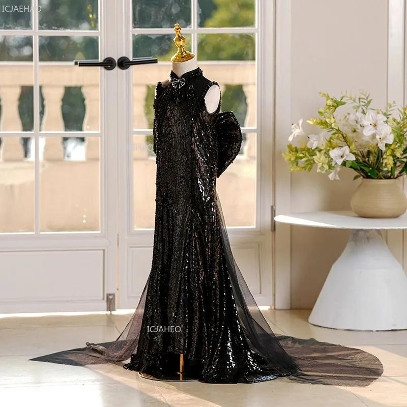 Robe de soirée noire pour filles, idéale pour mariage, anniversaire, cérémonie, spectacle de piano, 