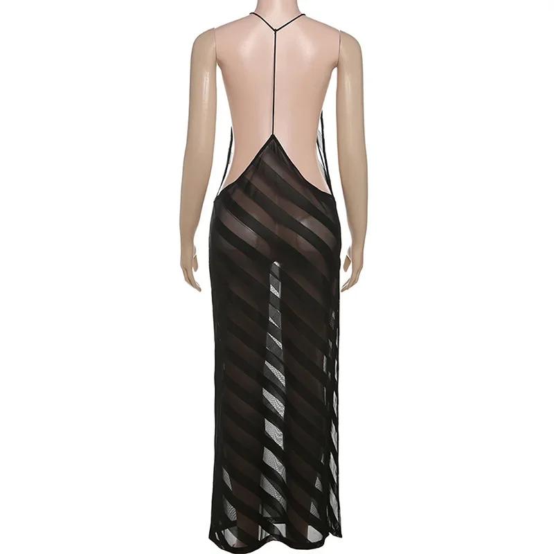 Maille voir à travers Sexy licou fête Club Maxi robe fendue tenues femmes été sans manches dos nu mo