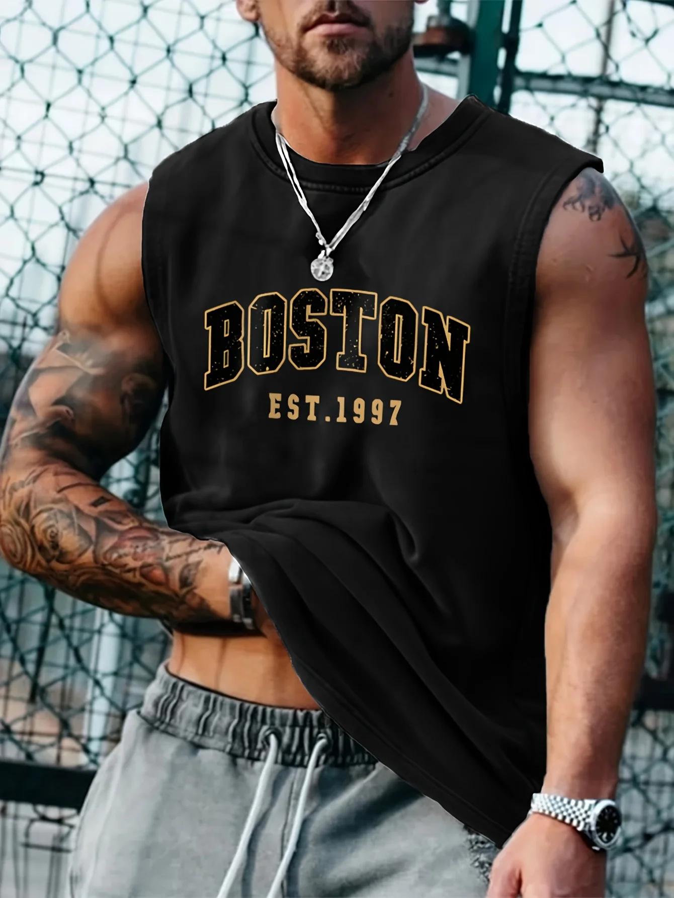 Gilet sans manches à col rond pour hommes, mode d'été, sport décontracté, ample, imprimé Boston est 