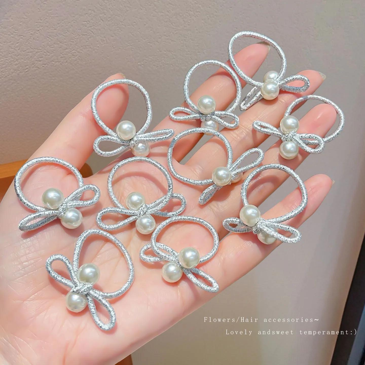 10 pièces enfants tressé élastique coréen argent perle arc bandeau sans endommager les cheveux petit