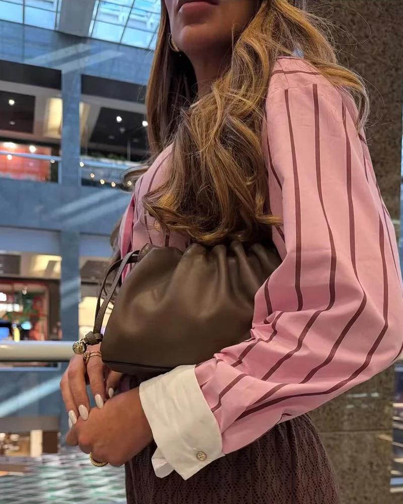 Chemise Femme 2026 Nouvelle Collection Printemps-Été, Chemise Ample Rayée Rose à Poignets Contrastan