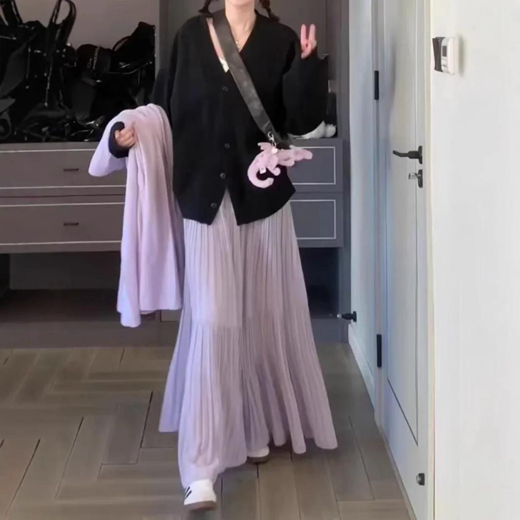 Femmes printemps et été tendance taille haute plissée jupe longue décontracté élégant solide a-ligne