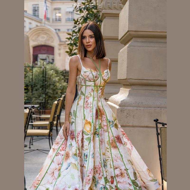 Robe longue élégante à imprimé floral pour femme, taille cintrée, ourlet à volants, idéale pour l'ét