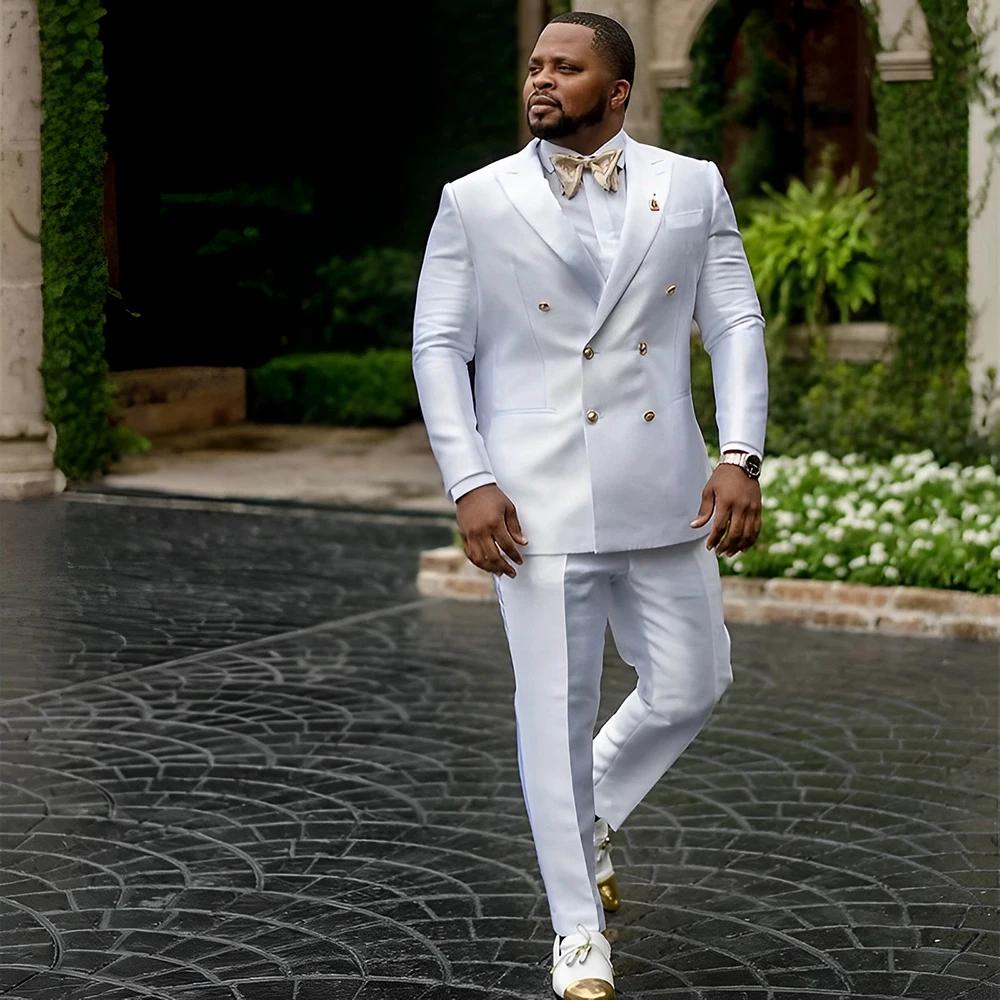 Blazer à col pointu imbibé de satin blanc 2 pièces pour hommes, veste à double boutonnage, smoking d