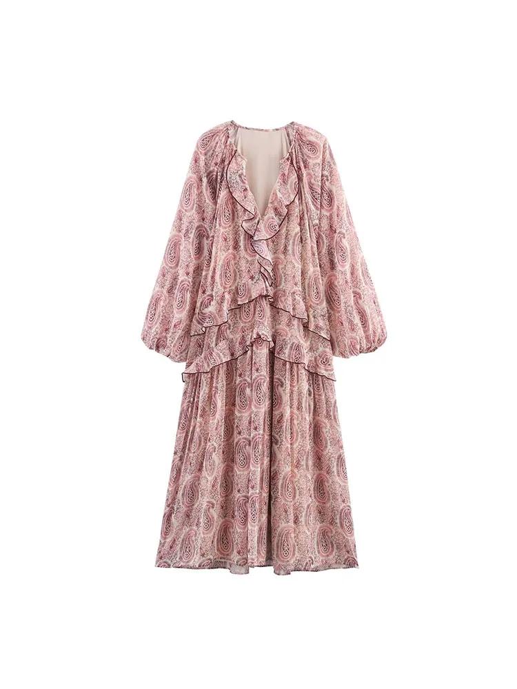 Robe MIDI d'été en mousseline de soie pour femmes, imprimé Vintage, col en v, volants en cascade, ma
