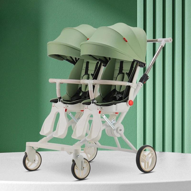 Poussette double réversible ‌   Cadre 4WD en acier au carbone avec auvent UV, landau pliable à une m