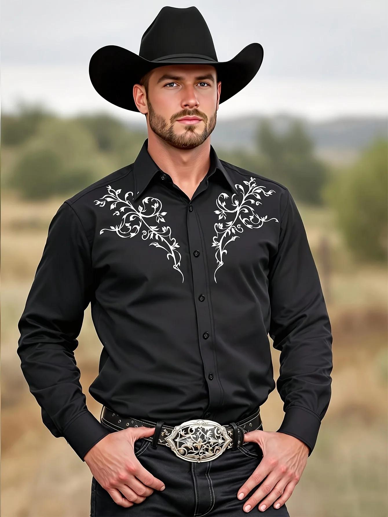 2025 Chemise de cowboy occidentale noire à manches longues pour hommes à motif tribal tenue d'événem