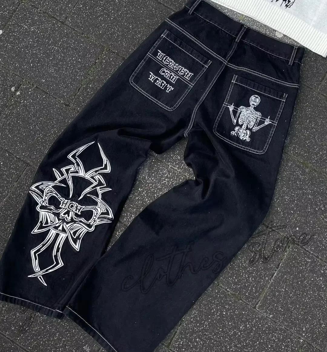 Nouveau Jean Y2K pour Homme, style Hip Hop, avec broderie crâne rétro, en denim délavé, coupe droite
