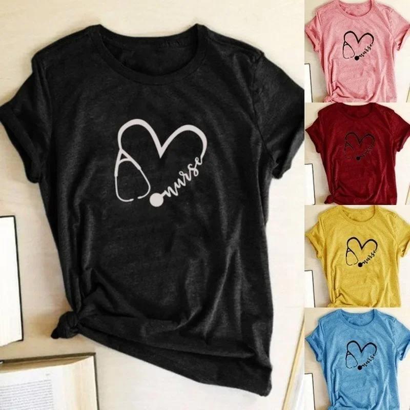 T-shirt col rond femme, estival et à manches courtes, avec stéthoscope et cœur imprimé