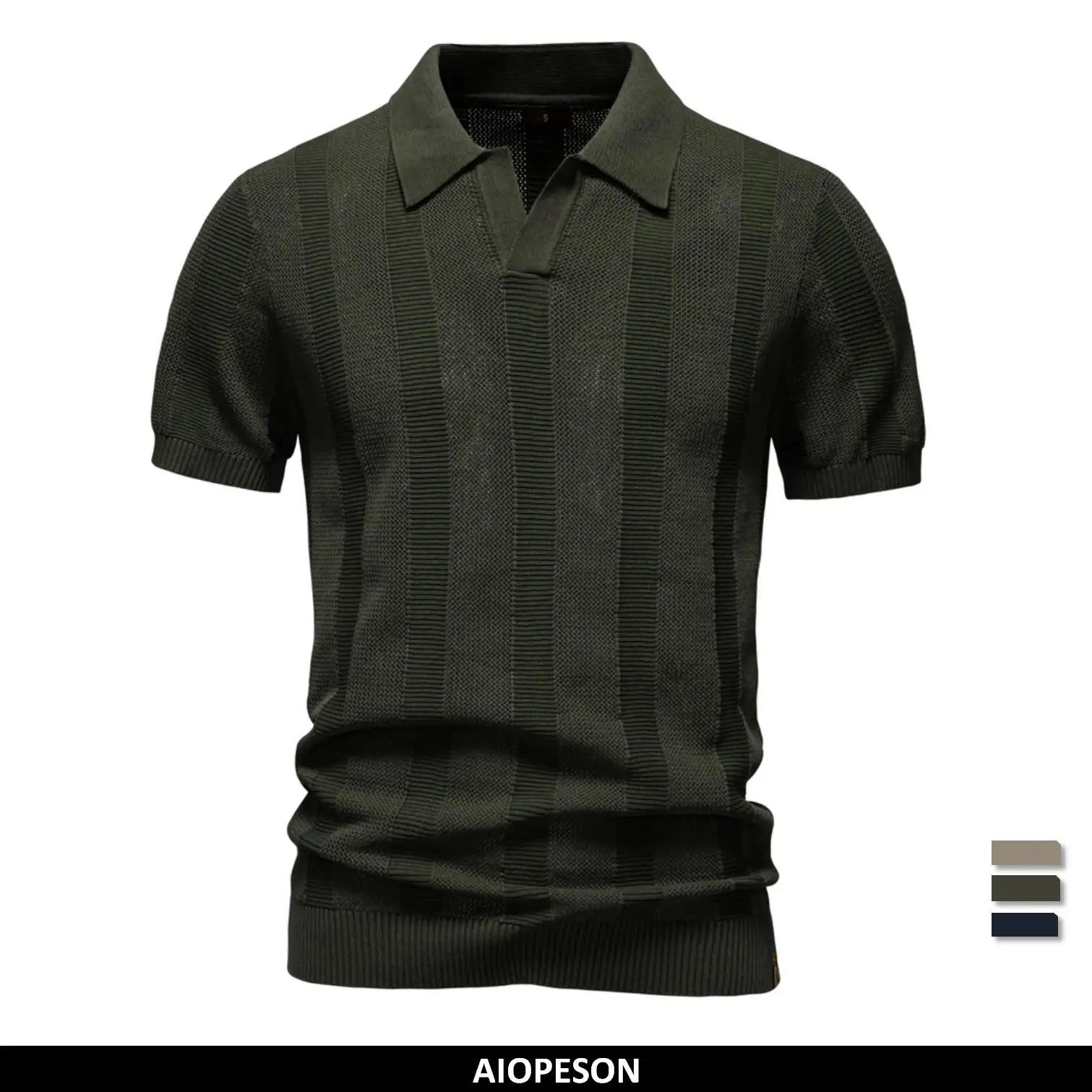 AIOPESON 2025 Polo en maille unie et rayée pour homme – Haut décontracté en tricot respirant avec co