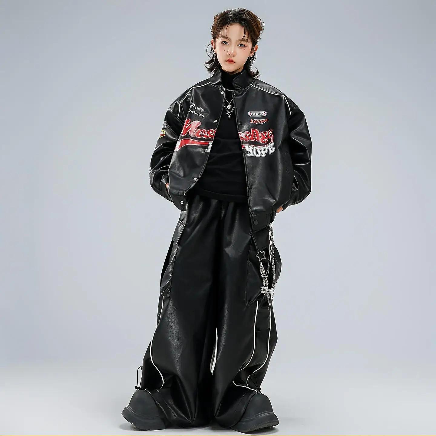 Enfants garçons filles Streetwear hanche hanche en cuir veste de Baseball Cargo pantalon ensembles e