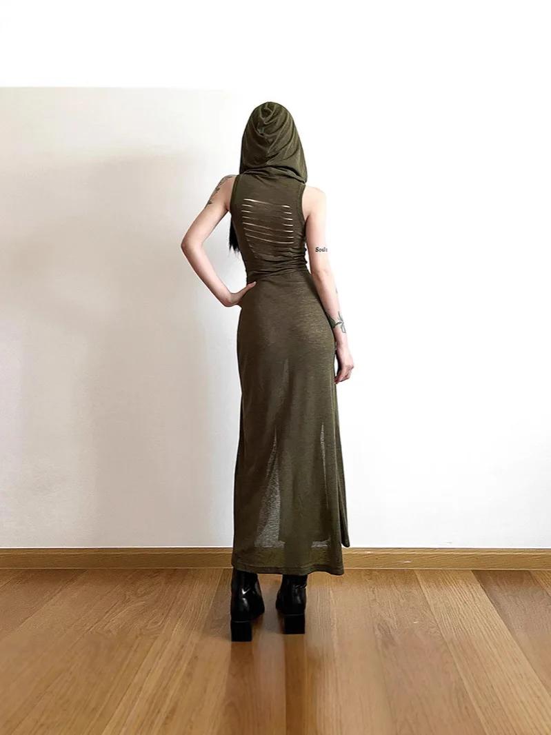 Robe y2k pour femmes, vêtements de couleur unie, sans manches, ajourée dans le dos, fente à capuche,