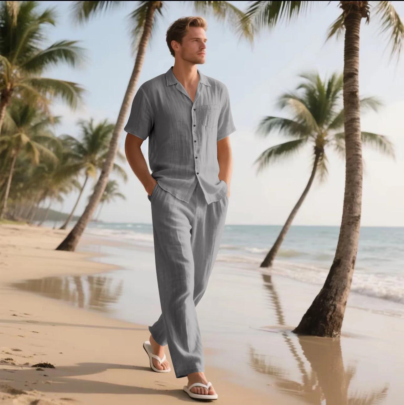 Ensemble deux pièces décontracté en coton et lin pour hommes, chemises et pantalons de base Vintage 