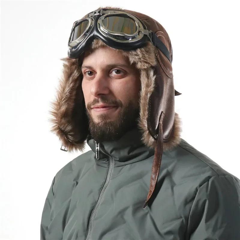 Chapeau de bombardier d'hiver pour hommes, avec lunettes, pour moto en plein air, coupe-vent, chaud,