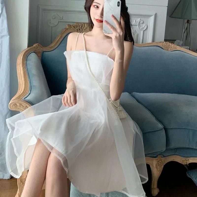 Robe d'été sexy en tulle pour femmes, col licou, française, fine, bretelles fines, rose, mode Joker,