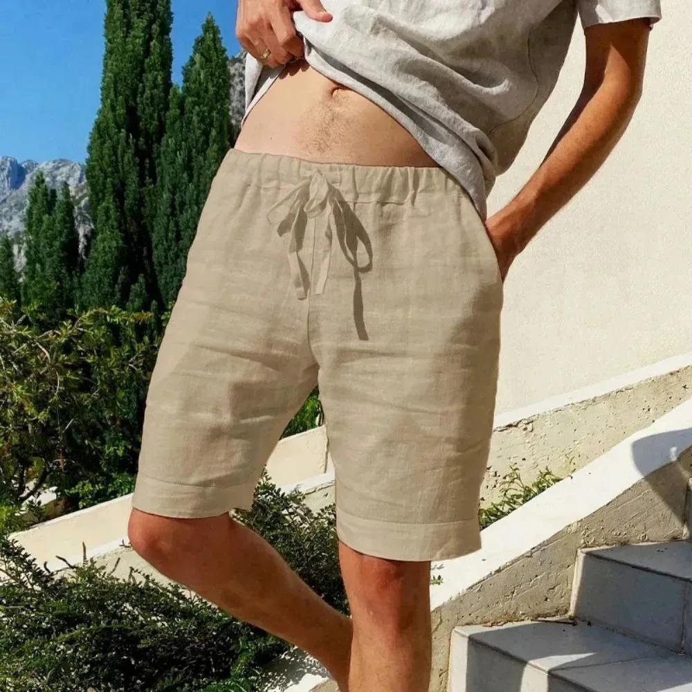 Short en coton et lin respirant pour homme, pantalon de plage hawaïen, solide, document fjadt, stree
