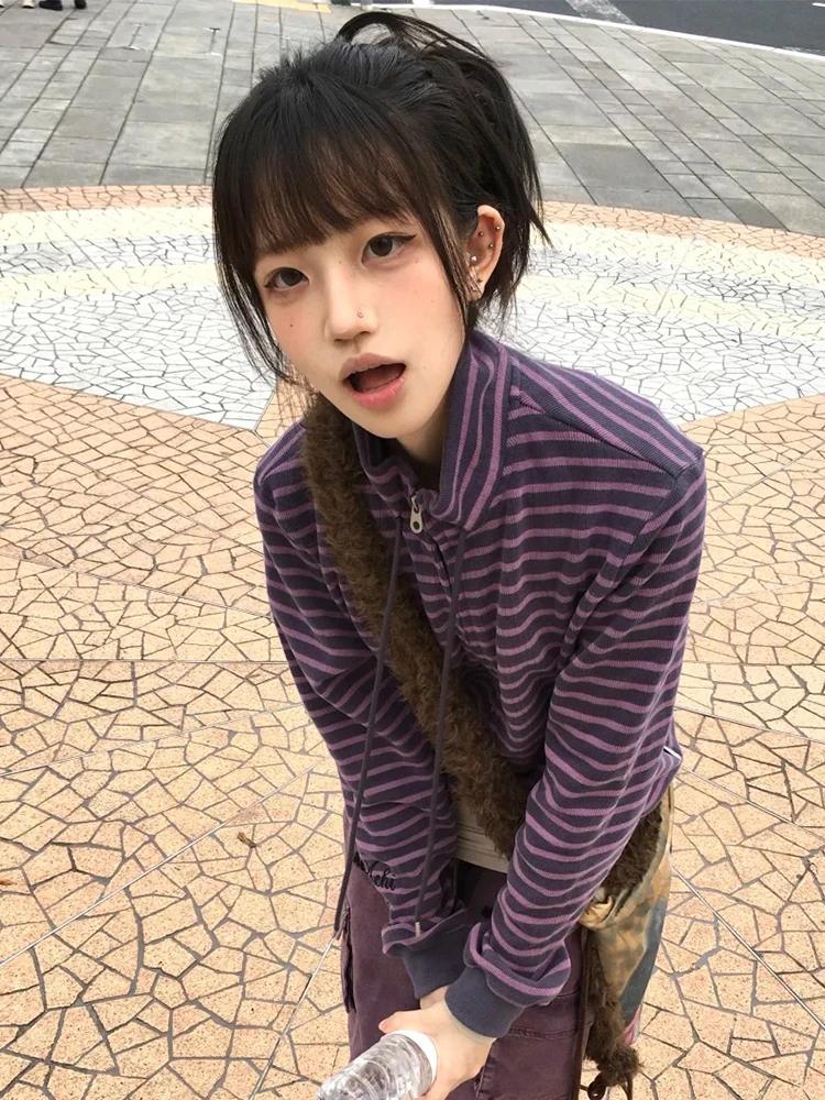 Tonngirls Y2k sweats japonais femmes à manches longues rayé col montant sweat haute rue graphique ma