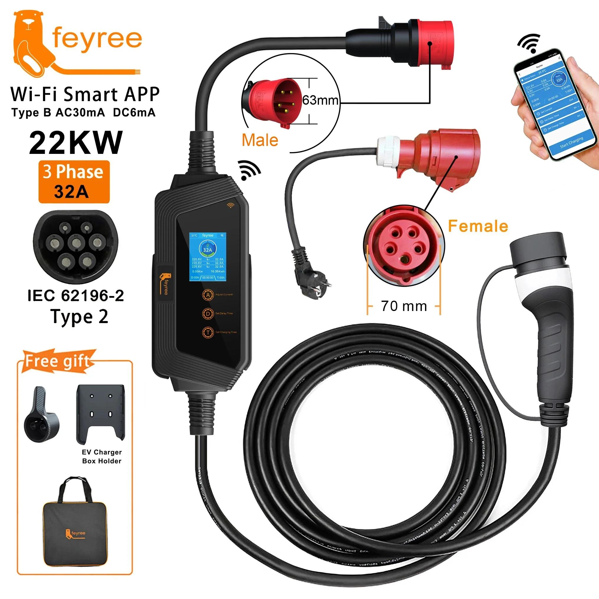 Feyree 22KW 32A 3 phases Type2 chargeur EV Portable Wi-Fi APP contrôle EVSE boîte de charge Station 